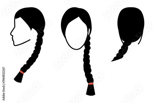 Braid Plait hairstyle silhouette front profile back view, long braided hair structure clean outline for icon, avatar, logo, minimal beauty graphics, fashion illustration, hairstyle reference