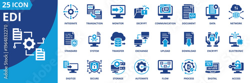 edi icon set collection in solid glyph dual color style. pack contain integrate, standard, digitize, transaction, system, secure, monitor, transfer, storage, decrypt icon