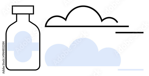 Healthcare innovation, medical supplies, data storage, digital healthcare systems, technology-driven care, cloud technology. A medical bottle next to abstract cloud shapes. Healthcare innovation