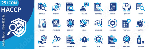 haccp icon set collection in solid glyph dual color style. pack contain hazard, control, safety, quality, check, inspect, hygiene, critical, verify, risk icon