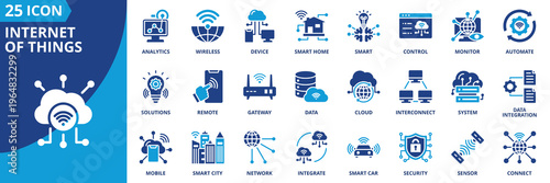 internet of things icon set collection in solid glyph dual color style. pack contain sensor, device, cloud, connect, network, smart, smart city, automate, control, monitor icon