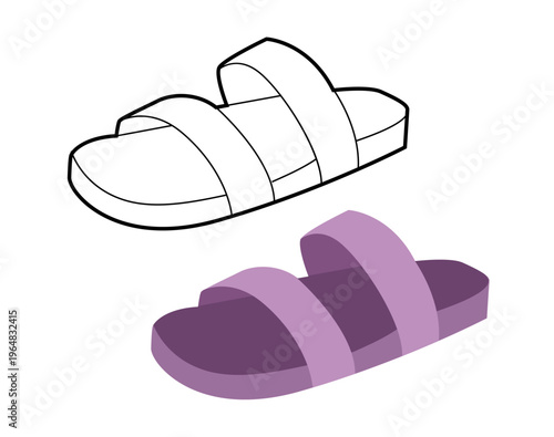 Purple slide sandal shoe women flat plus line set. Double strap flat sandal for lifestyle blog beach project. Technical fashion illustration CAD mockup mixed vector man unisex isolated stylish style.