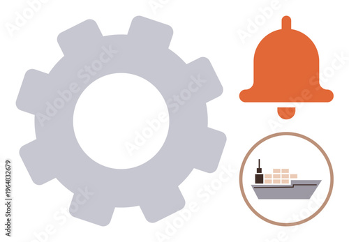 Industrial processes, logistics, supply chain, notifications, shipping, productivity. Gear icon, orange notification bell and cargo ship with containers enclosed in a circle. Industrial processes