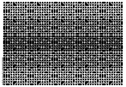 Connected meta balls pattern with disappearing effect. Fading irregular amorphous shapes texture. Linked liquid drops, molecules or cells transition background. Vector graphic illustration.