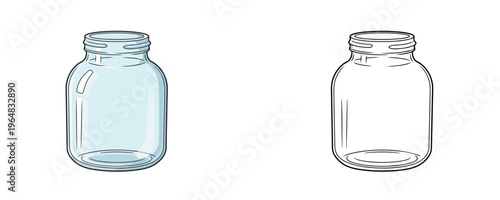 Flat colored and black line art cartoon illustrations of a clear glass jar representing universal storage container for food or preserves isolated on white background