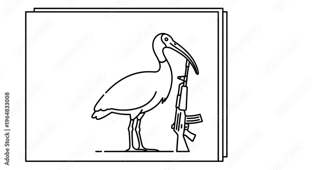 Fototapeta premium Ibis Bird Holding Assault Rifle, Symbol of Peace or Conflict