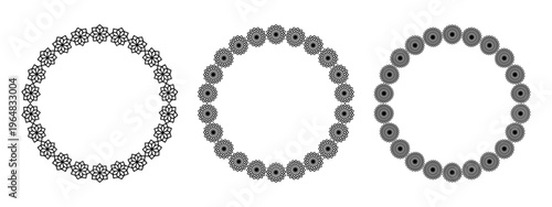 Set of round frames with flower borders isolated on white background. Floral vignettes with lotus or chrysanthemum shapes. Simple design elements. Vector graphic illustration.