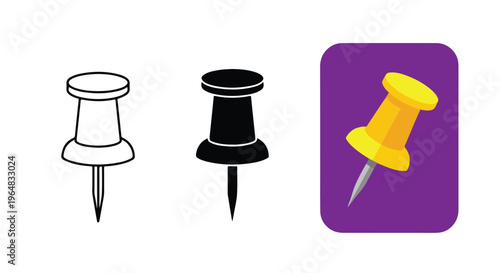 Graphic illustration of three push pins in different colors on a white and purple background.