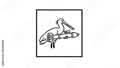 Ibis Bird Holding Rocket Launcher in Line Art Style