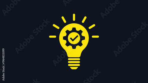 Innovation icon, light bulb with gear and check mark, vector illustration, success, idea validation, workflow efficiency and creative solution concept.