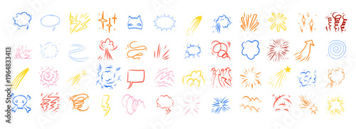 Color comic effect manga elements set on clean white background. Bright pop art explosions, bubbles, lightning and text clouds for playful superhero headlines, sales banners and kids comic designs.