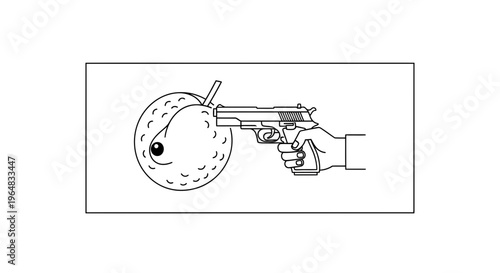 Hand holding gun to a peach with a face, surreal concept, black and white