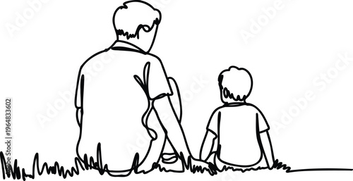 A man and a boy sitting on the grass looking away from the viewer in a simple line drawing style  isolated on transparent background