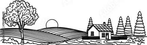 Blackandwhite illustration of house with trees and rolling hills under sun  serene landscape scene with house and trees
