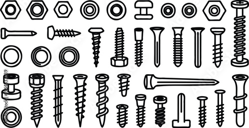 Collection of various metal fasteners and hardware tools  nuts bolts screws washers and rivets for industrial use