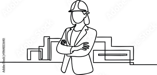 Continuous line drawing of a confident woman wearing a hard hat standing in front of a cityscape  arms crossed