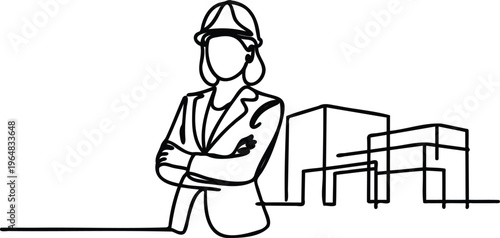 Continuous line drawing of a confident woman in a hard hat standing in front of a modern building  architectural concept