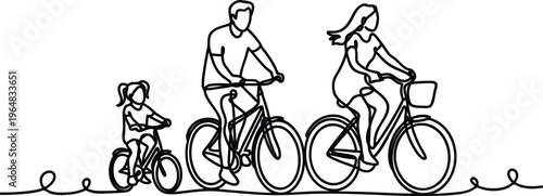 Continuous line drawing of a family riding bicycles together outdoors for leisure and exercise  a man woman and little girl