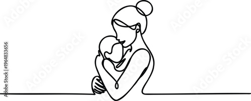 Continuous line drawing of a mother holding and kissing her baby in a loving embrace  a beautiful expression of maternal love and connection