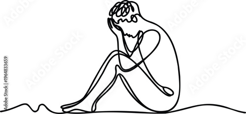 Continuous line drawing of a person sitting in a contemplative pose with hand on face  isolated on white background