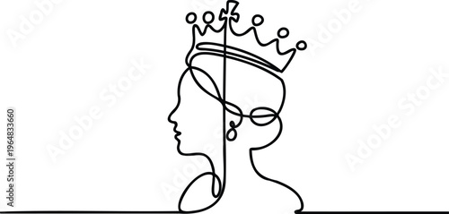 Continuous line drawing of womans head with crown on top  royalty and music concept  single line art