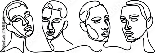 Four minimalist line art human heads in profile and front views  simple continuous line drawing of faces and necks