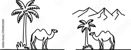 Line drawing of camels standing under palm trees in desert landscape with mountains