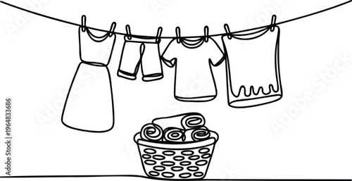 Line drawing of clothes hanging on a clothesline and a basket of rolled up laundry  simple black and white illustration