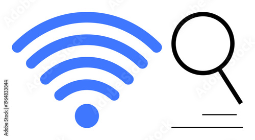 Blue wireless signal waves and black magnifying glass evoke themes of internet, search, communication, and technology. Ideal for web access, browsing, networking, data sharing, searching and digital
