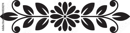 Elegant black symmetrical floral ornament with leaves and petals for decorative elements