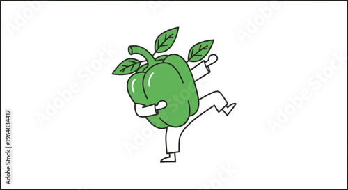 Green Bell Pepper Character Doing Martial Arts Kick on White Background