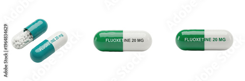 Foto Fluoxetine capsules SSRI antidepressant medication isolated on white background