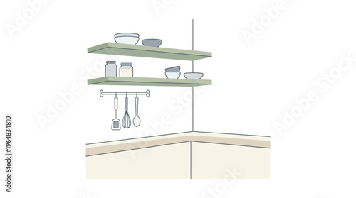 Corner kitchen shelves with utensils. Vector Illustrations. EPS Editable