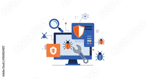 Computer security system with shield and bug icons. Vector Illustrations. EPS Editable