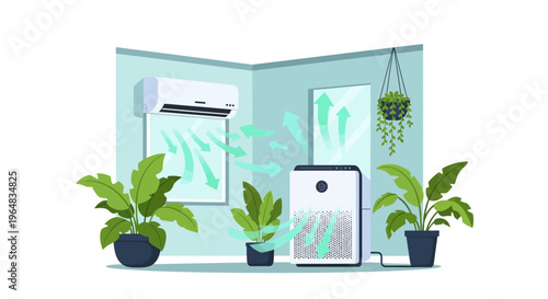 Air purifier with houseplants on shelf. Vector Illustrations. EPS Editable