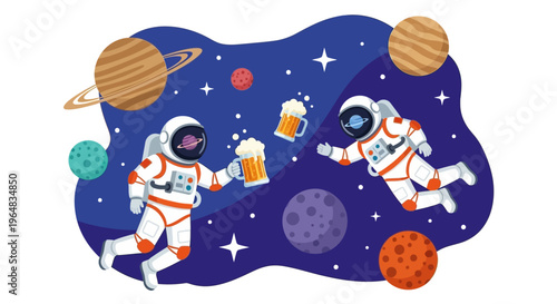 Astronauts Floating in Space with Beer. Vector Illustrations. EPS Editable
