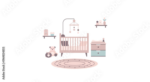 Baby Crib With Furniture And Toys 1. Vector Illustrations. EPS Editable
