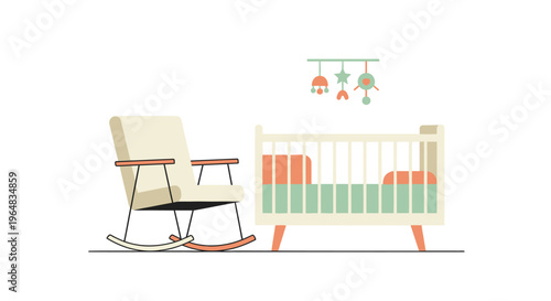 Baby Crib and Rocking Chair Nursery. Vector Illustrations. EPS Editable