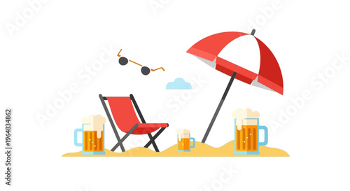 Beach chair with red umbrella. Vector Illustrations. EPS Editable