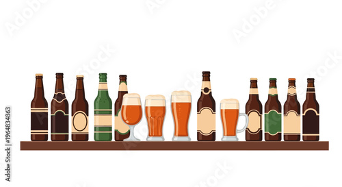Assorted beer bottles and glasses. Vector Illustrations. EPS Editable
