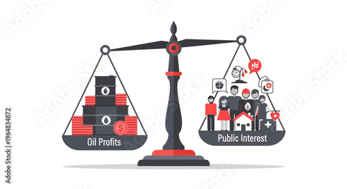 Balance scale with oil profits versus public interest. Vector Illustrations. EPS Editable