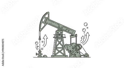 Bear sitting next to oil pump. Vector Illustrations. EPS Editable