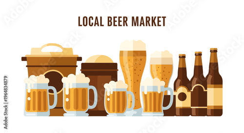 Beer Bottles and Mugs Displayed Together. Vector Illustrations. EPS Editable