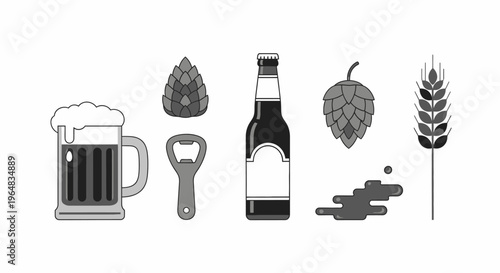 Beer bottle with mug and hops. Vector Illustrations. EPS Editable