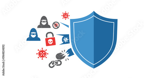 Blue shield protecting from threats online. Vector Illustrations. EPS Editable