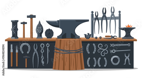 Blacksmith tools on wooden workbench. Vector Illustrations. EPS Editable