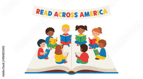 children reading books together outdoors. Vector Illustrations. EPS Editable