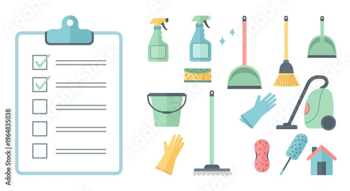 Cleaning supplies and tools organized. Vector Illustrations. EPS Editable