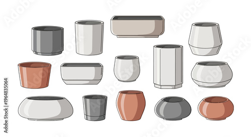 Collection of metal cylindrical containers. Vector Illustrations. EPS Editable