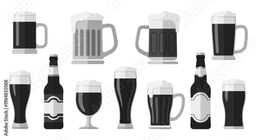 Collection of beer bottles and glasses. Vector Illustrations. EPS Editable